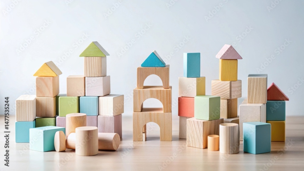 Poster pastel-colored wooden blocks arranged in playful structures, showcasing a variety of shapes and size