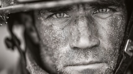 Obraz premium Gritty portrait of firefighter after battle in urban setting emotional black and white close-up