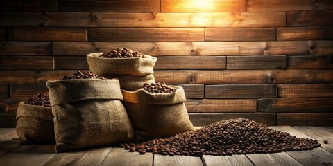 Rustic Still Life Featuring Burlap Sacks Overflowing with Aromatic Coffee Beans Against a Weathered Wooden Background