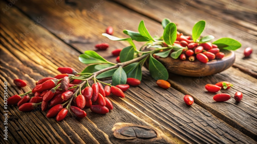 Poster rustic wooden surface with a branch of vibrant red berries and green leaves in a shallow bowl
