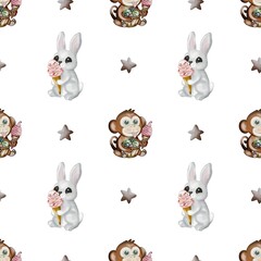 Charming watercolor pattern featuring crocodiles, monkeys, and ice cream for textile design
