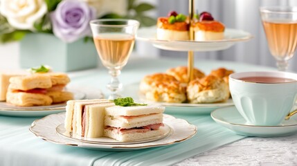 Elegant afternoon tea setup featuring assorted sandwiches, pastries, and beverages on a table