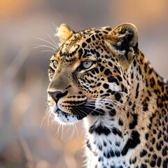 Obraz premium Majestic Leopard Gazing Intently in Golden Sunset Light, Showcasing Unique Fur Pattern and Captivating Eyes in Natural Habitat Setting