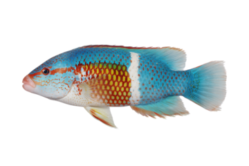 Ornate Clown Coris Wrasse fish with vibrant blue and red coloration on a transparent background vector Marine life concept of underwater wildlife and tropical reef fish