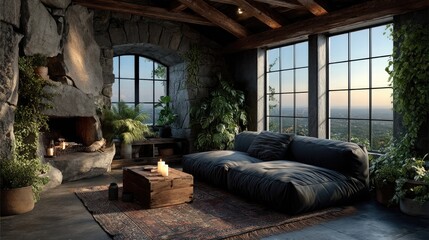 Fototapeta premium Scandinavian interior design with large windows and plants cozy living room urban setting sunset view