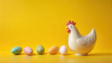 A cheerful ceramic hen and pastel-colored eggs on a vibrant yellow background, a festive springtime scene