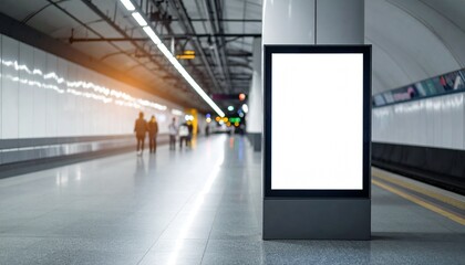 White Billboard in Metro Station - Billboard at Train Stop in Metropolis - Background for Mockup and Placement for Advertisement - Vertical Blank Poster Whitebox Template