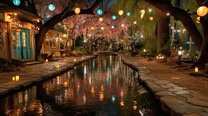 Fototapeta premium Enchanting nighttime village scene with lanterns reflections on water cozy atmosphere