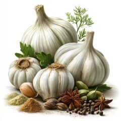 Fresh garlic bulbs with aromatic spices