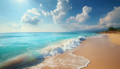 Serene Tropical Beach with Gentle Waves and Blue Sky