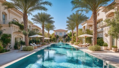 Fototapeta premium Serene Luxury Oasis Poolside with Palm Trees and Elegant Villas