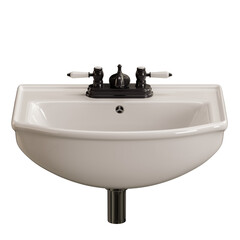 A white sink with a black faucet