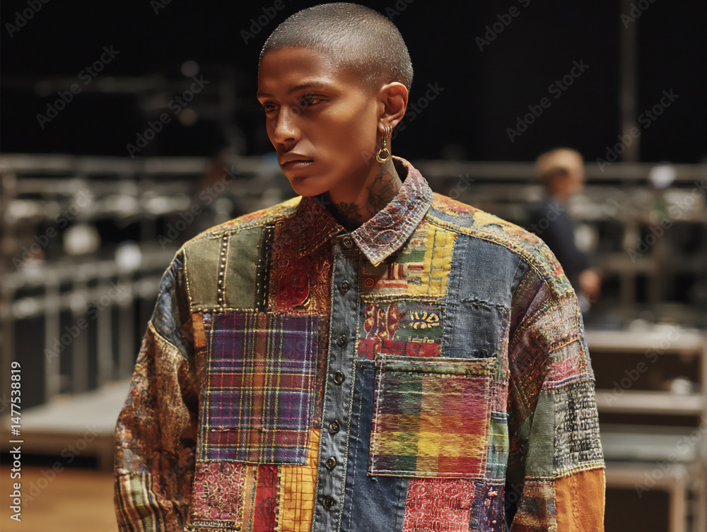 Poster a model poses in a patchwork dress made of various fabric scraps with different colors and patterns,
