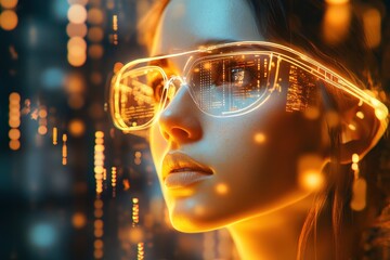 Digital future vision of a woman wearing augmented reality glasses.
