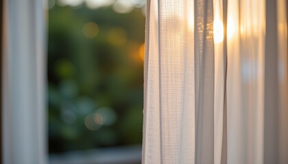 Soft focus background of hanging sheer curtain with natural light bokeh