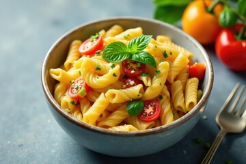 Bowl of vibrant pasta salad, colorful vegetables , italian, still life