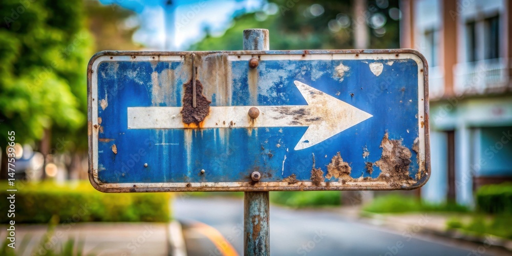 Poster a weathered blue directional sign with a faded white arrow, showing the passage of time and elements