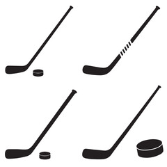 Sets of Crossed Hockey Sticks and Pucks Illustration, Crossed Hockey Sticks and Puck Icon, Collection of Black Hockey Sticks silhouettes