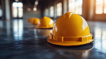 Yellow hard hats arranged on a surface in an industrial setting