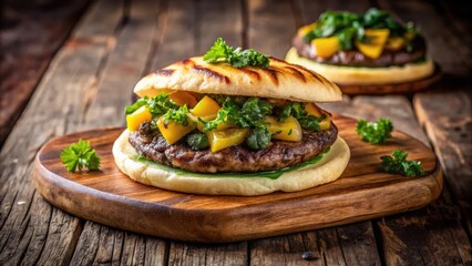 Delicious Grilled Bun Patty Burger with Roasted Yellow Pepper and Herb Topping on Rustic Wooden Board