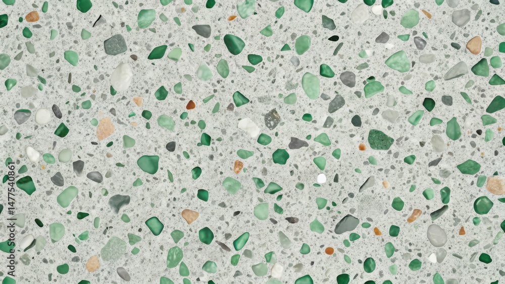 Poster a seamless texture of green and white pebbles embedded in a light gray matrix, ideal for interior de