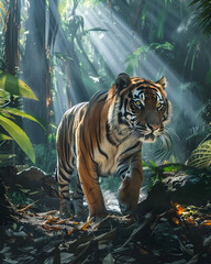Bengal tiger walking through misty tropical jungle with sun rays