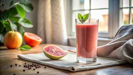 Refreshing Pink Smoothie by the Window, Garnished with Mint, Served in a Clear Glass, Next to a Halved Red Fruit and Citrus Fruits on a Wooden Table