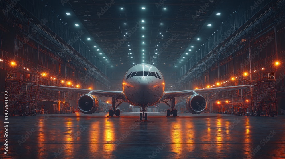 Poster an aircraft is positioned within a spacious industrial hangar, illuminated by bright overhead lights