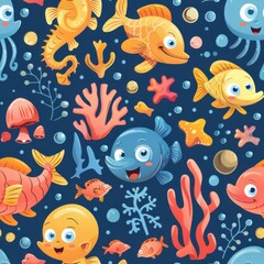 seamless repeating pattern of bright cartoon jellyfish, fish, seahorses, starfish, and undersea plants
