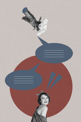 Zine sketch image vertical collage of happy girl stand bubble communication icon chatterbox speech hand message conversation