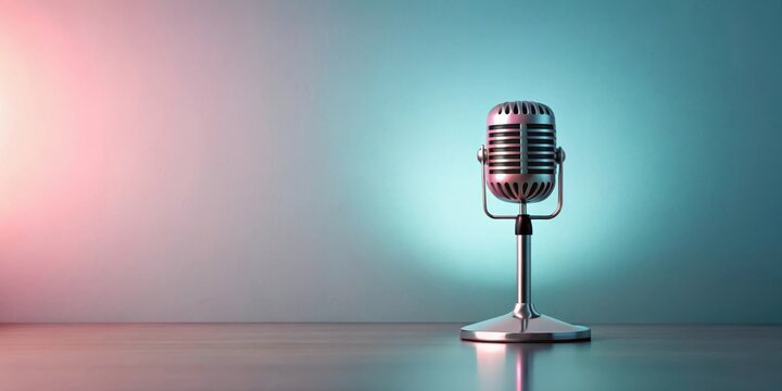 Retro microphone on a reflective surface against a soft, dual-toned backdrop, ideal for broadcasting or podcasting themes.