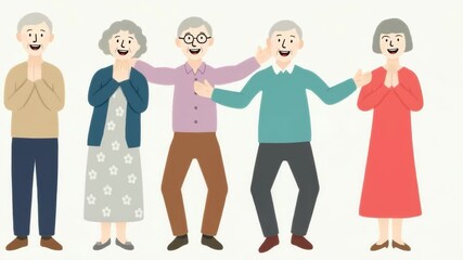 Senior couples displaying warm, respectful interactions, standing together against minimalist white background, embodying positive intergenerational connections and cultural appreciation