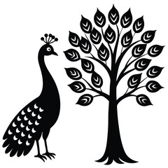 A black bird stands next to a tree with a bird on it