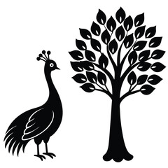 A black bird stands next to a tree with a bird on it