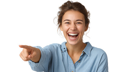 A woman's candid laughter and joyous pointing.