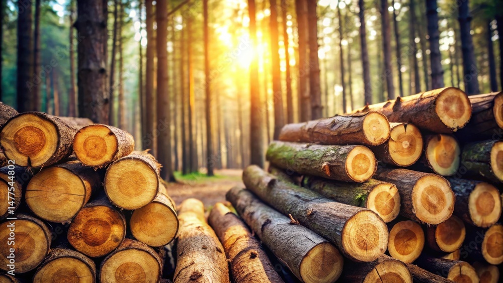 Poster sunlit forest lumber stacks a golden hour view of freshly cut timber piled high in a woodland settin