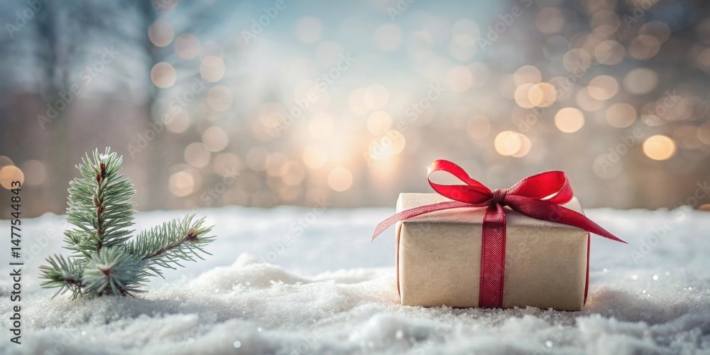 Aufkleber a festive gift box and pine branch resting on a snowy surface with a sparkling winter background