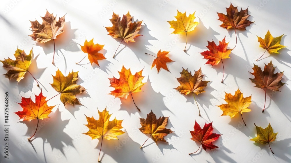 Poster autumnal maple leaves arranged on white background in sunlight displaying vivid colors and shadows