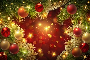 Fototapeta premium Traditional Christmas Background Red & Gold Ornaments, Tinsel, Festive Lights