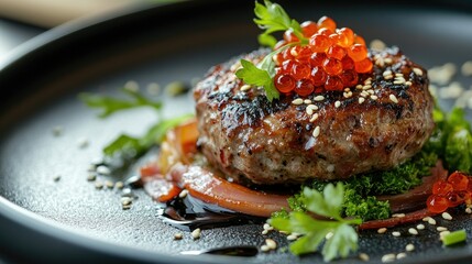 A close-up of a white plate featuring slices of seared tuna, crusted with black and white sesame seeds.
