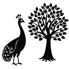 A black bird stands next to a tree with a bird on it