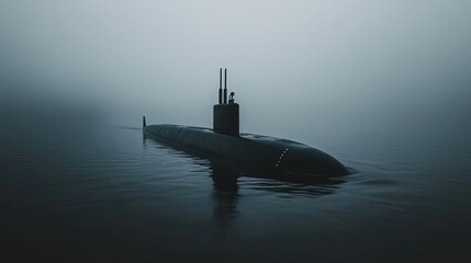 Submersible vessel navigating a foggy sea
