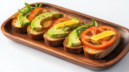 Three slices of toasted bread topped with creamy avocado slices and halved cherry tomatoes are arranged on a wooden platter.