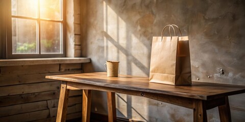 A rustic wooden table near a sunlit window displays a kraft paper shopping bag and a mug, a scene of simple everyday life