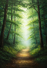 Obraz premium Forest path glows with sunlight