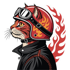 Design a biker gang patch featuring a fierce cat wearing a flaming skull helmet, incorporating classic biker gang style elements.