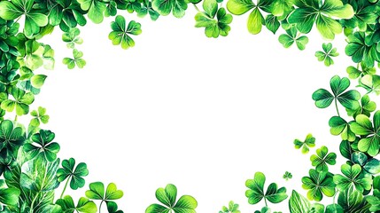 Vibrant green shamrock leaves frame a white background ideal for St Patricks Day designs invitations cards or spring themes