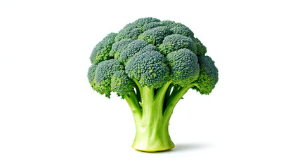 A single vibrant head of broccoli, showcasing the fresh green color of the edible florets and stem, against the light.