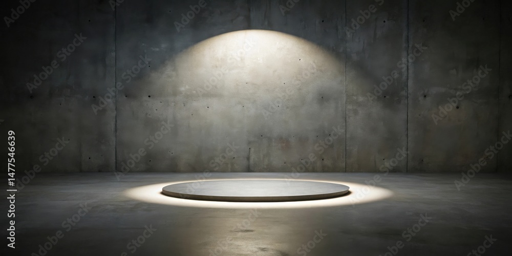 Aufkleber empty circular platform in a dark concrete room illuminated by a single spotlight