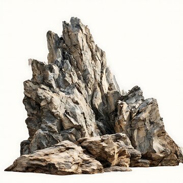 A large, jagged rock formation is presented against a stark white background